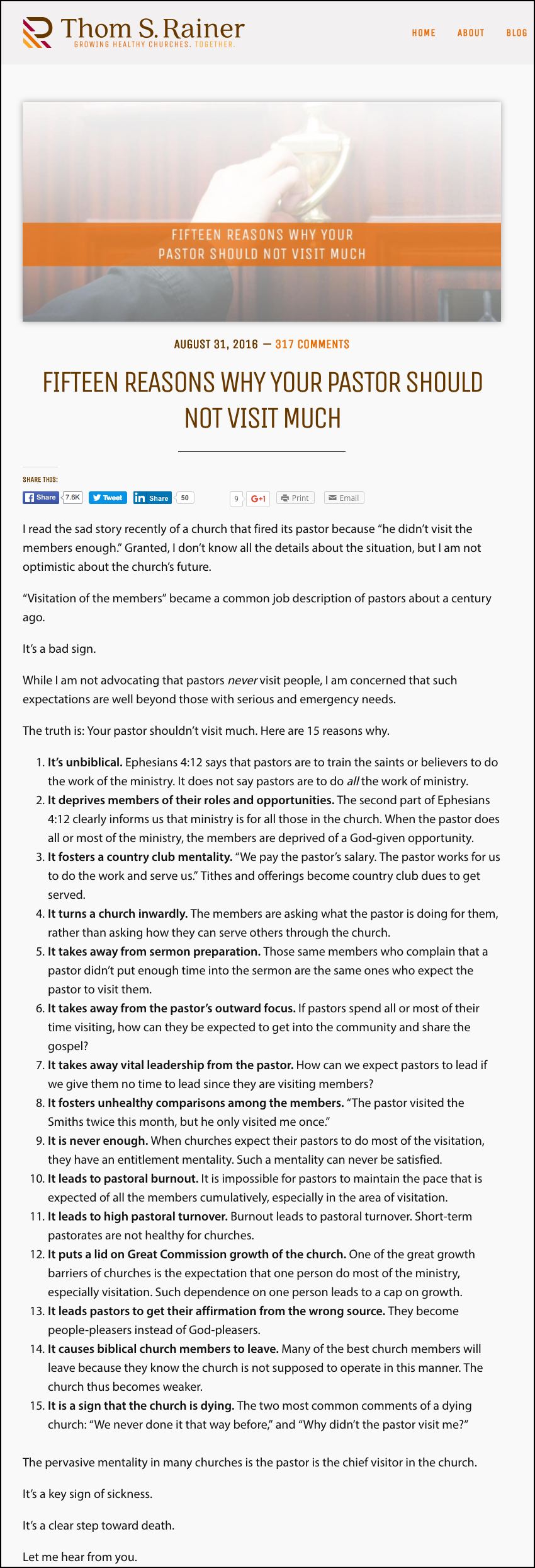 2016-09-06 Thom Ranier 15 Reasons pastors not do visitation